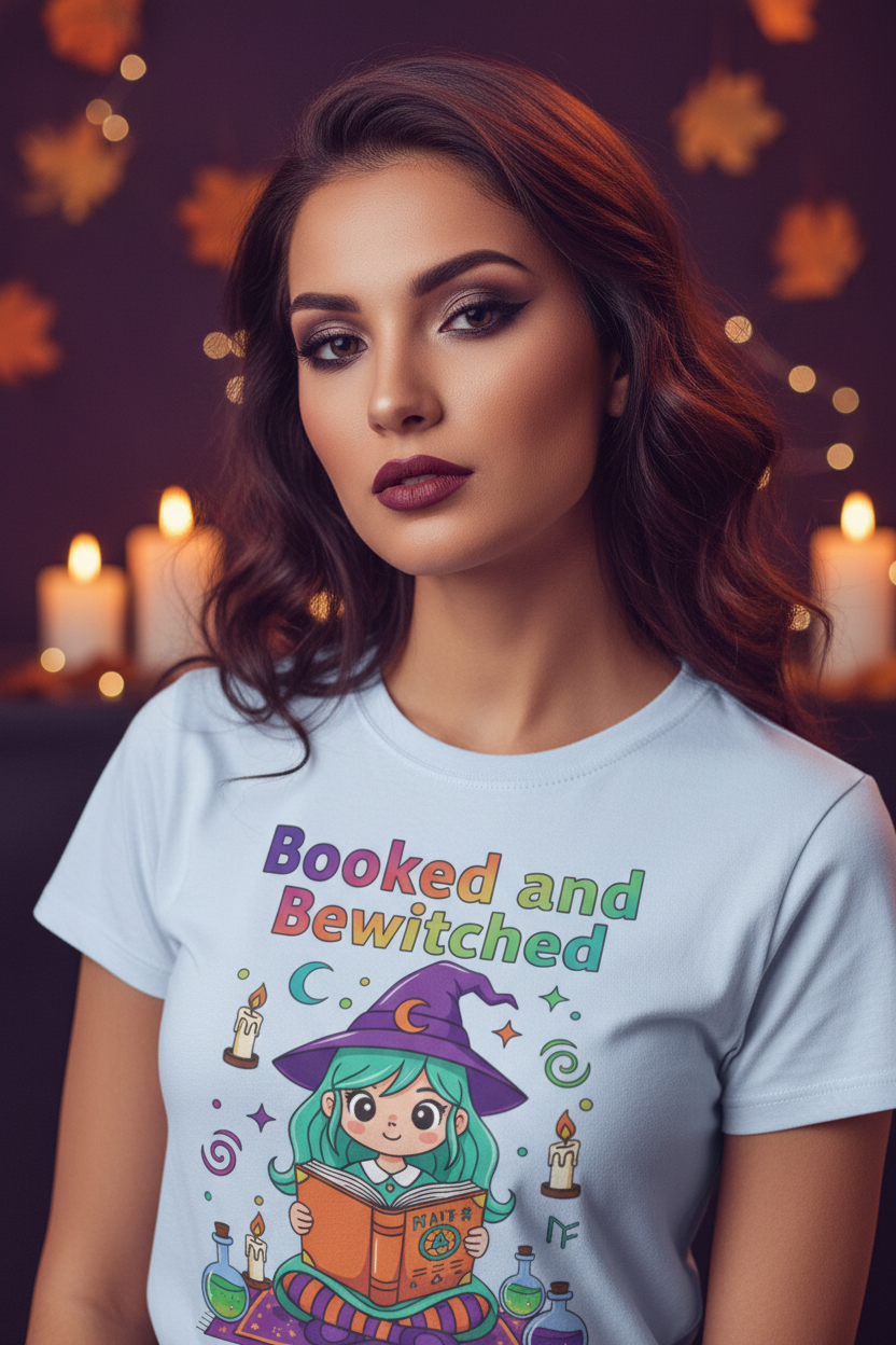 Booked and Bewitched T-Shirt | Witch Book Lover Halloween Graphic Tee