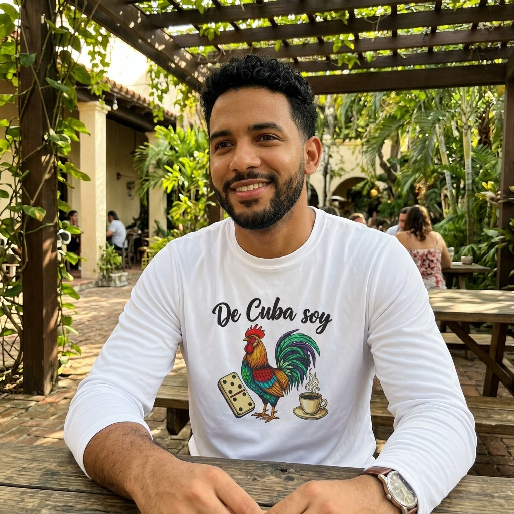 De Cuba Soy Long Sleeve Tee - Cuban Cultural Long Sleeve Tee with Rooster, Domino, and Coffee Design