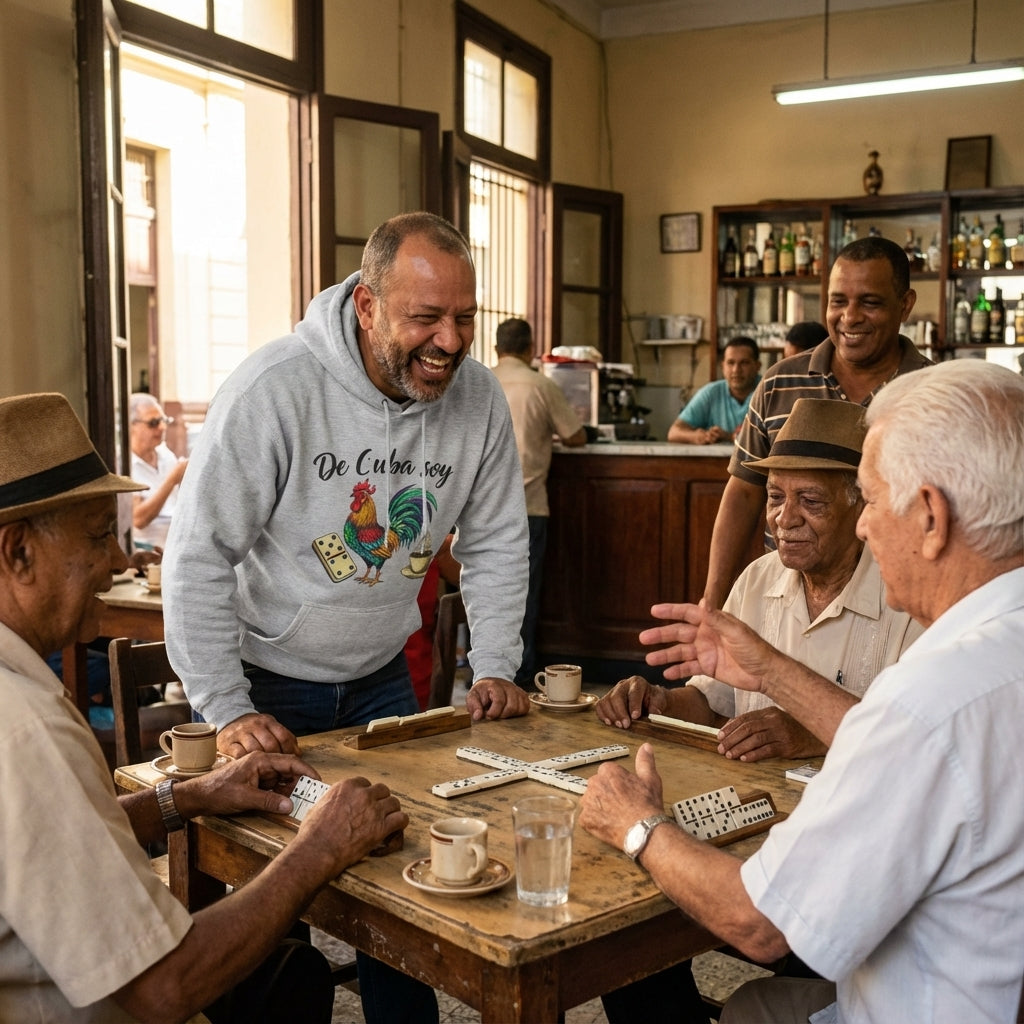 Group of men playing dominoes in a bar with one man wearing a 'De Cuba' hoodie.