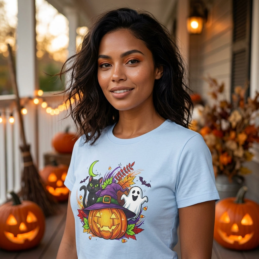 Halloween Graphic T-Shirt | Witch Hat Pumpkin Black Cat Ghost Spooky Tee