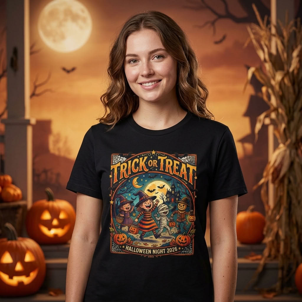 Trick or Treat Halloween T-Shirt, Vintage Moonlit Pumpkin Design