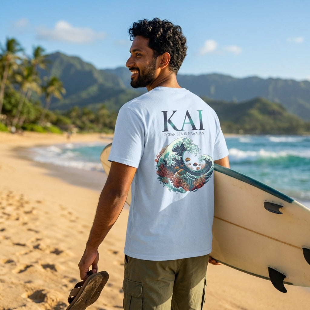 A man on a sandy beach wearing a white graphic t-shirt with 'KAI' and 'OCEAN LIFE COLLECTION' printed on the back, holding a surfboard and sandals, with mountains and ocean in the background.