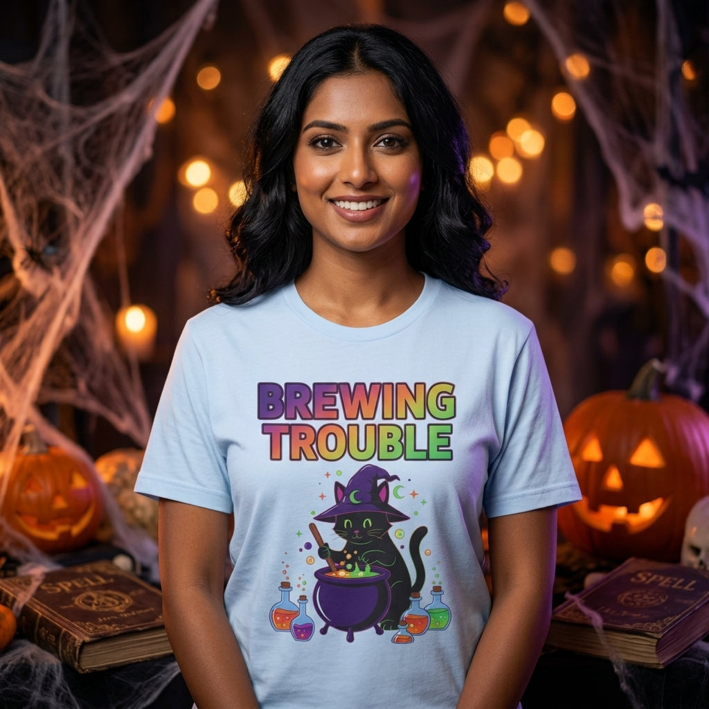 Brewing Trouble T-Shirt | Cute Witch Cauldron Halloween Graphic Tee