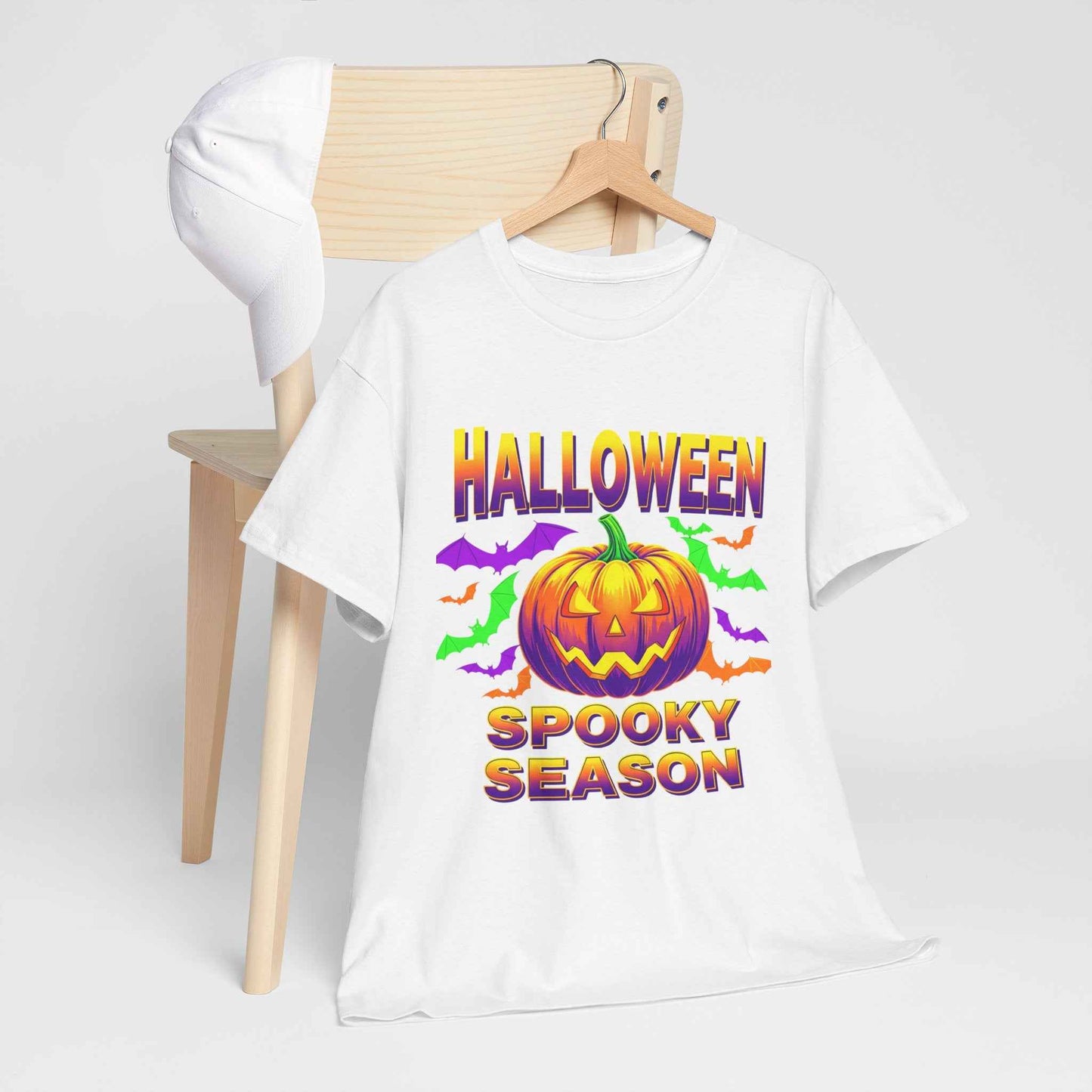 Retro Halloween T-Shirt - Neon Pumpkin & Bats 'Spooky Season' Tee - 80s/90s Style