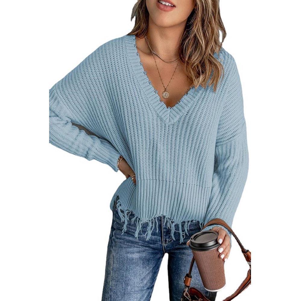 Women's Cotton Tassel Sweater - Ripped Knitted Fashion Pullover