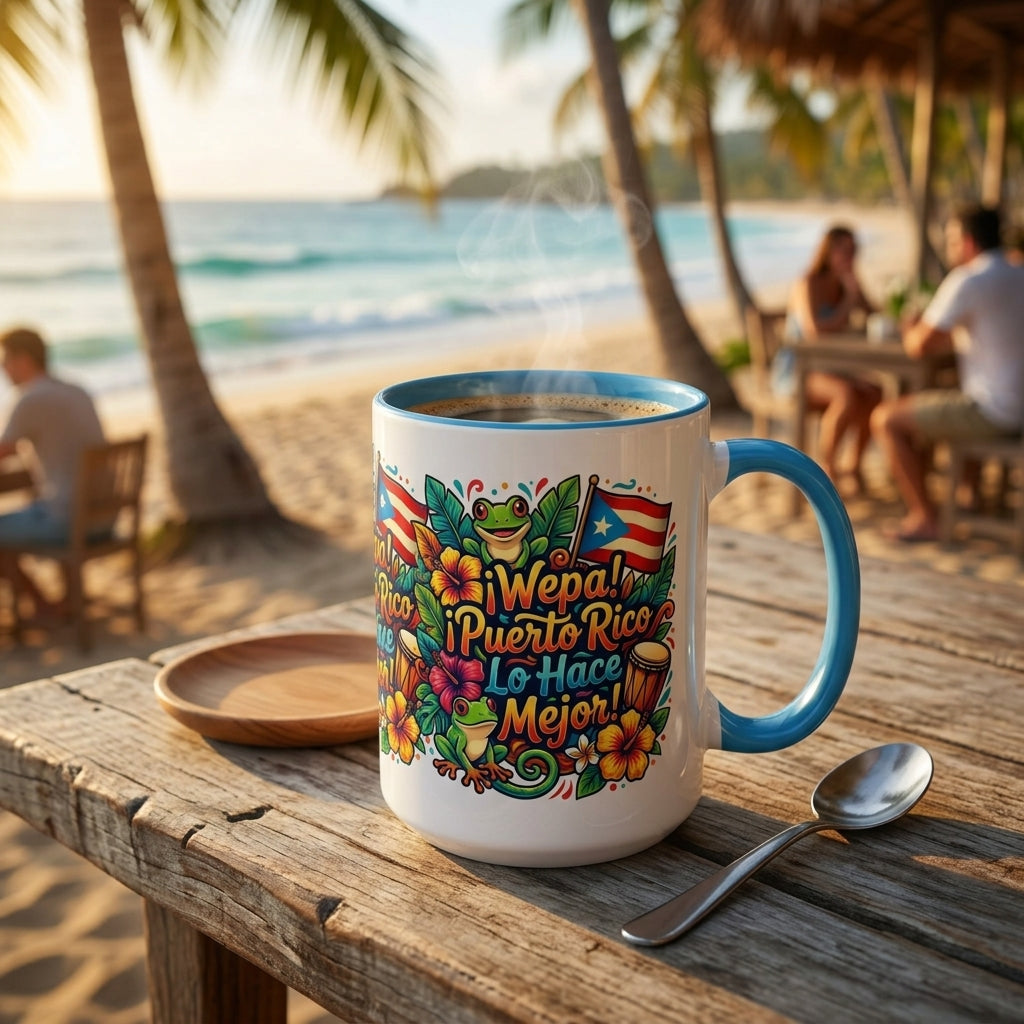 Wepa! Puerto Rico Lo Hace Mejor Accent Coffee Mug | Puerto Rican Flag, Coquí, Floral Design