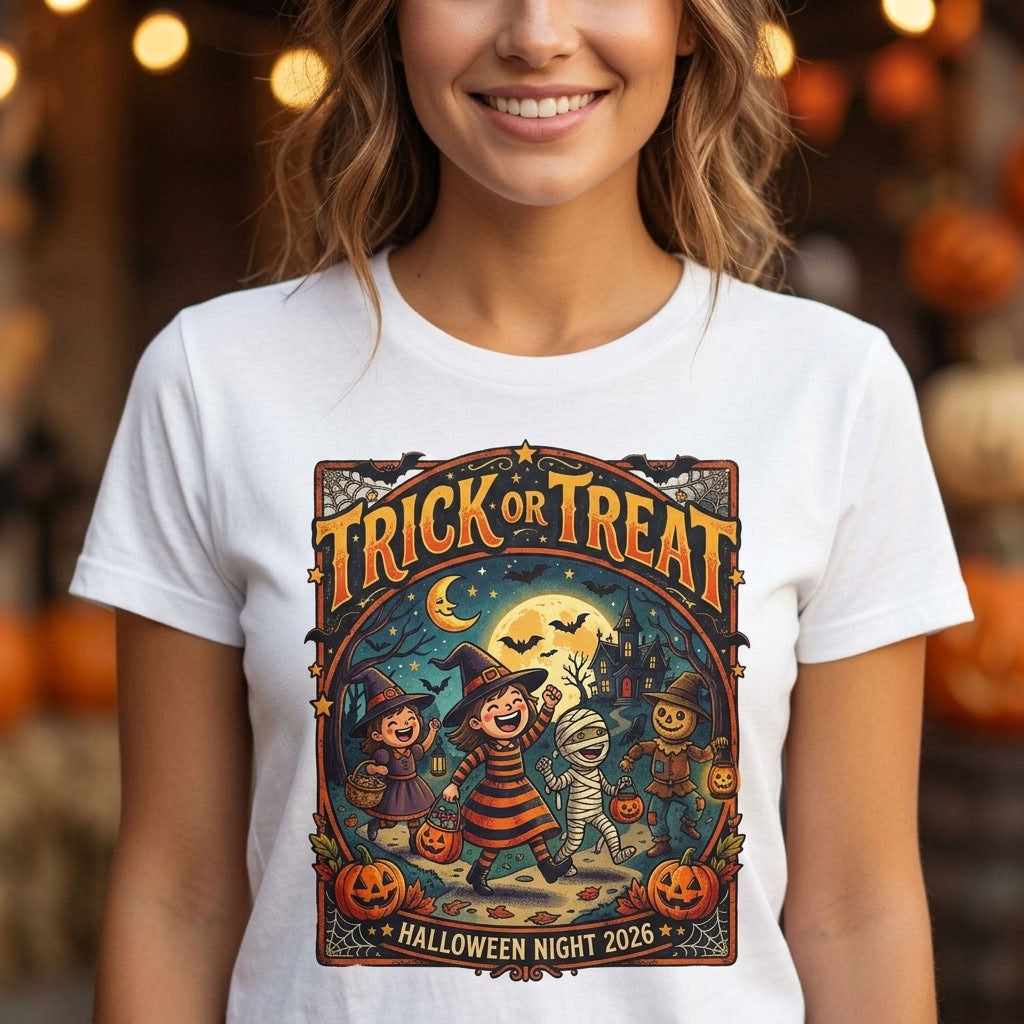 Trick or Treat Halloween T-Shirt, Vintage Moonlit Pumpkin Design