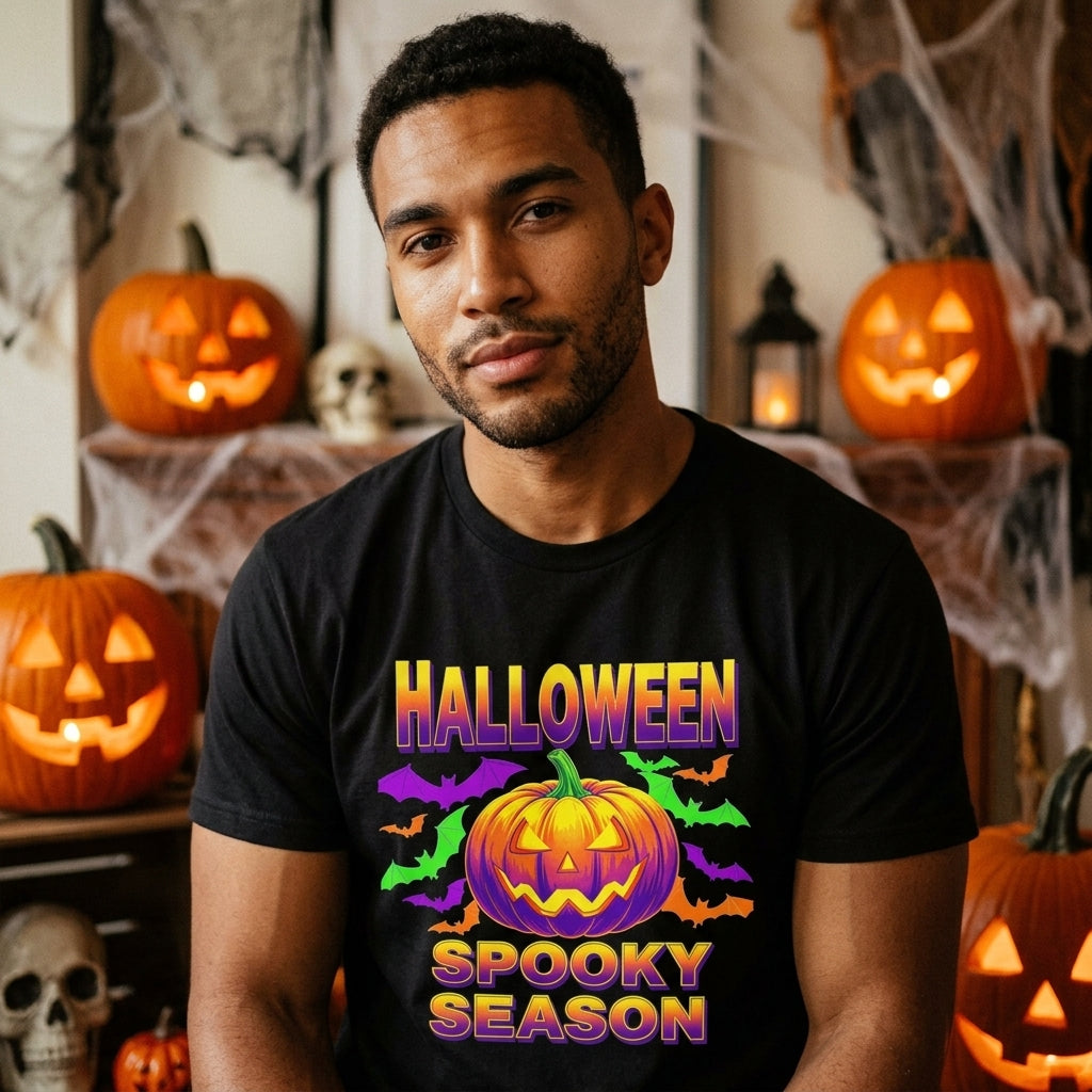 Retro Halloween T-Shirt | Neon Pumpkin & Bats 'Spooky Season' Tee | 80s/90s Style