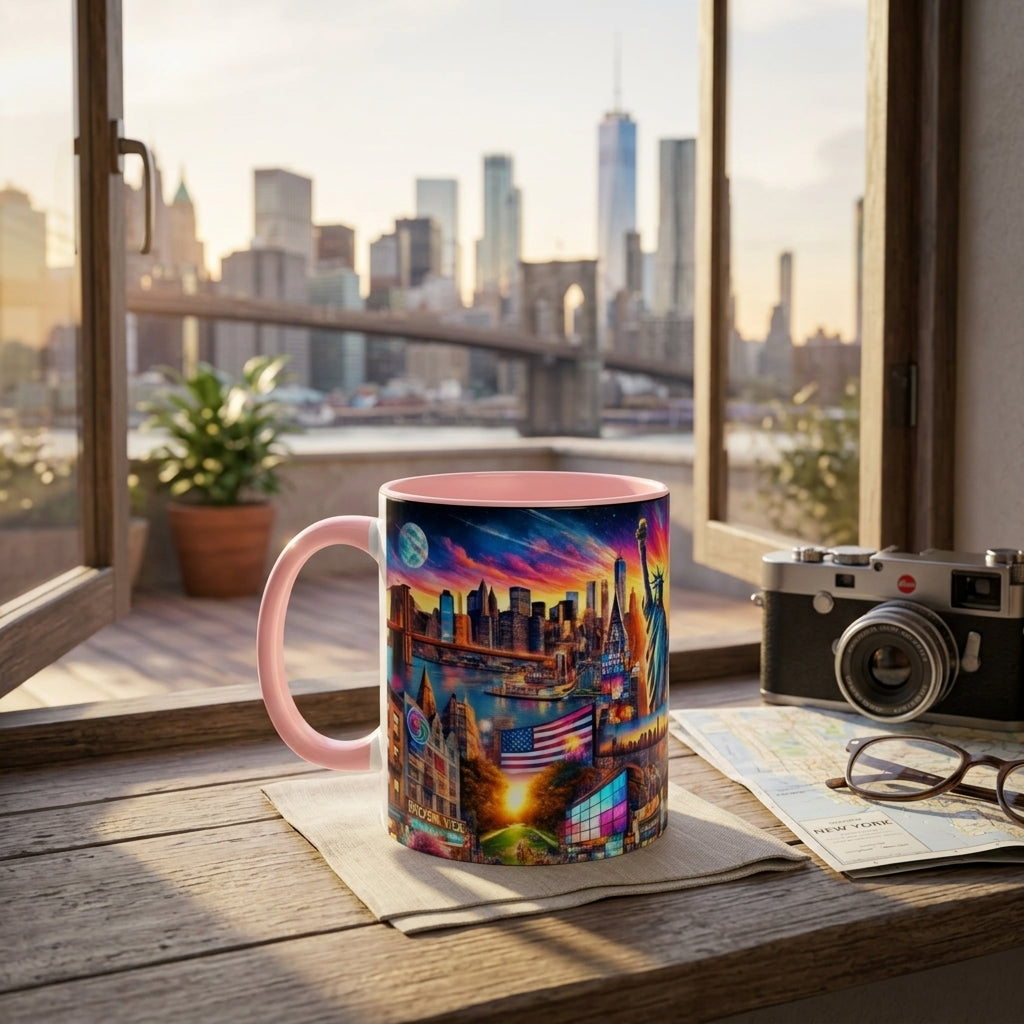 A ceramic mug with a pink handle and interior sits on a wooden windowsill. The mug features a highly detailed, colorful graphic print of the Brooklyn Bridge and New York City skyline at sunset.