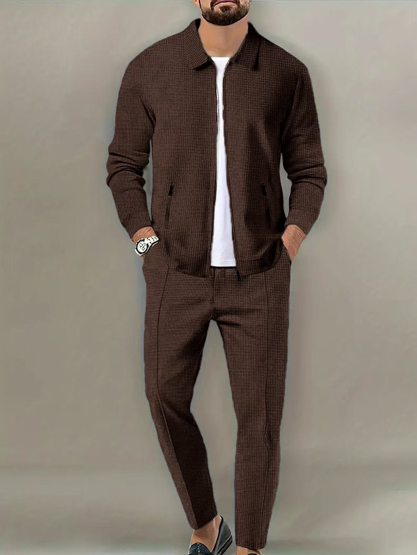 Men's 2-Piece Suit Set - Slim Fit Zipper Cardigan Jacket & Pants