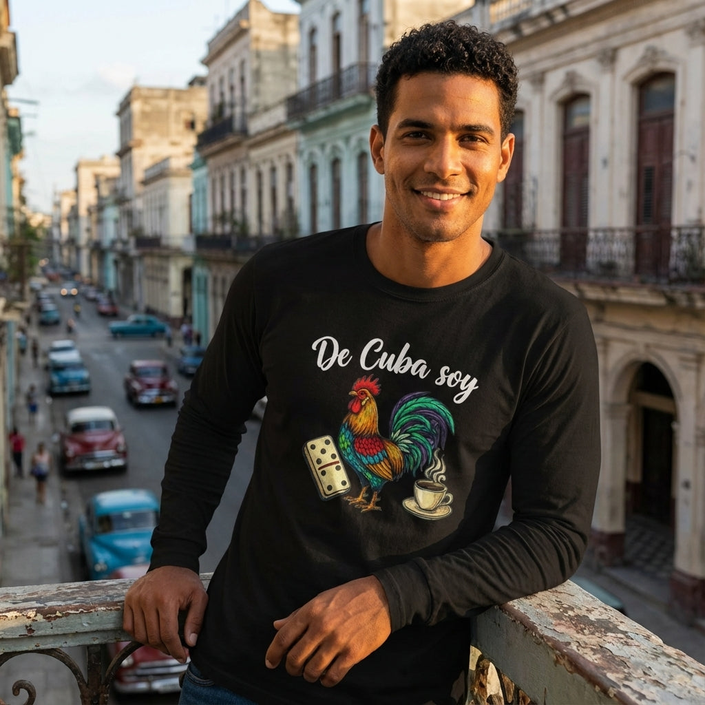 Man wearing a black sweatshirt with a colorful rooster design and text, standing on a street in Cuba.