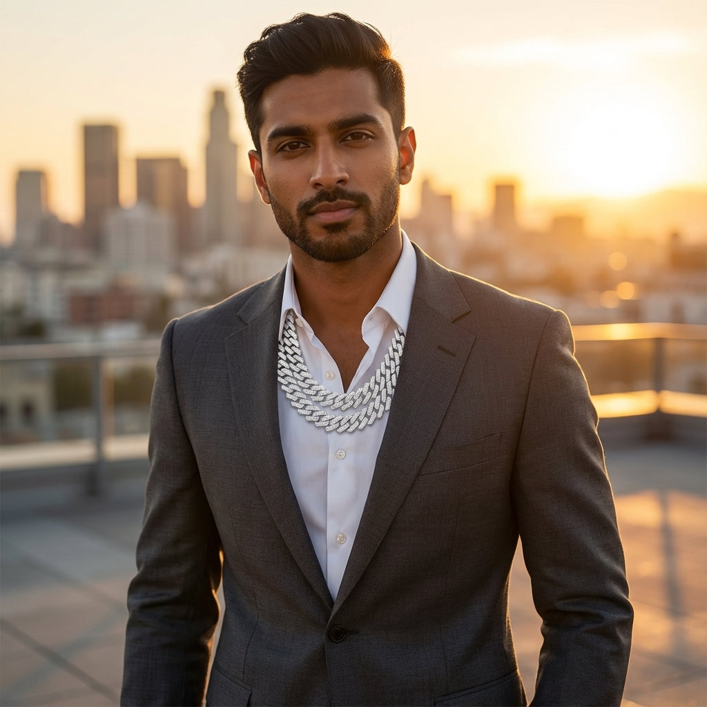 Man in a suit with a cityscape in the background
