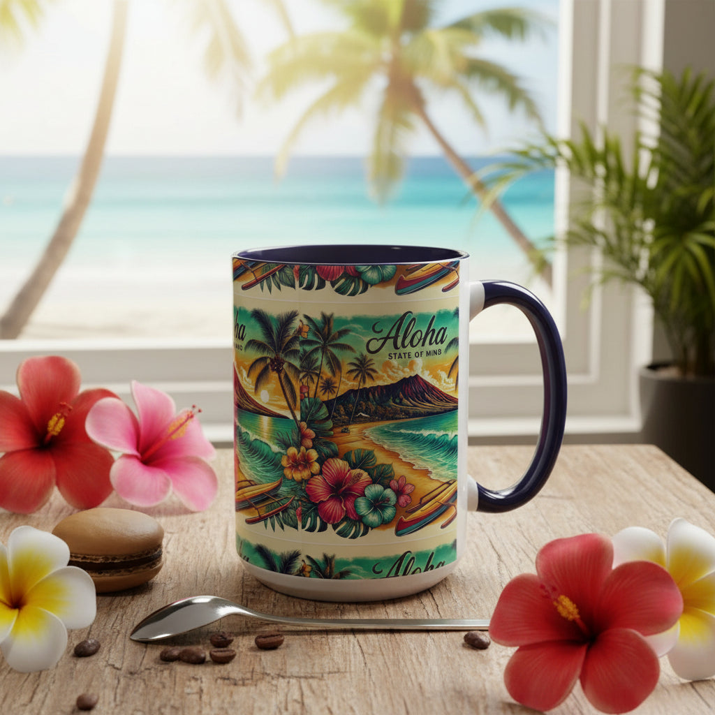 Tropical-themed mug with 'Aloha' text on a wooden table with flowers and coffee beans.
