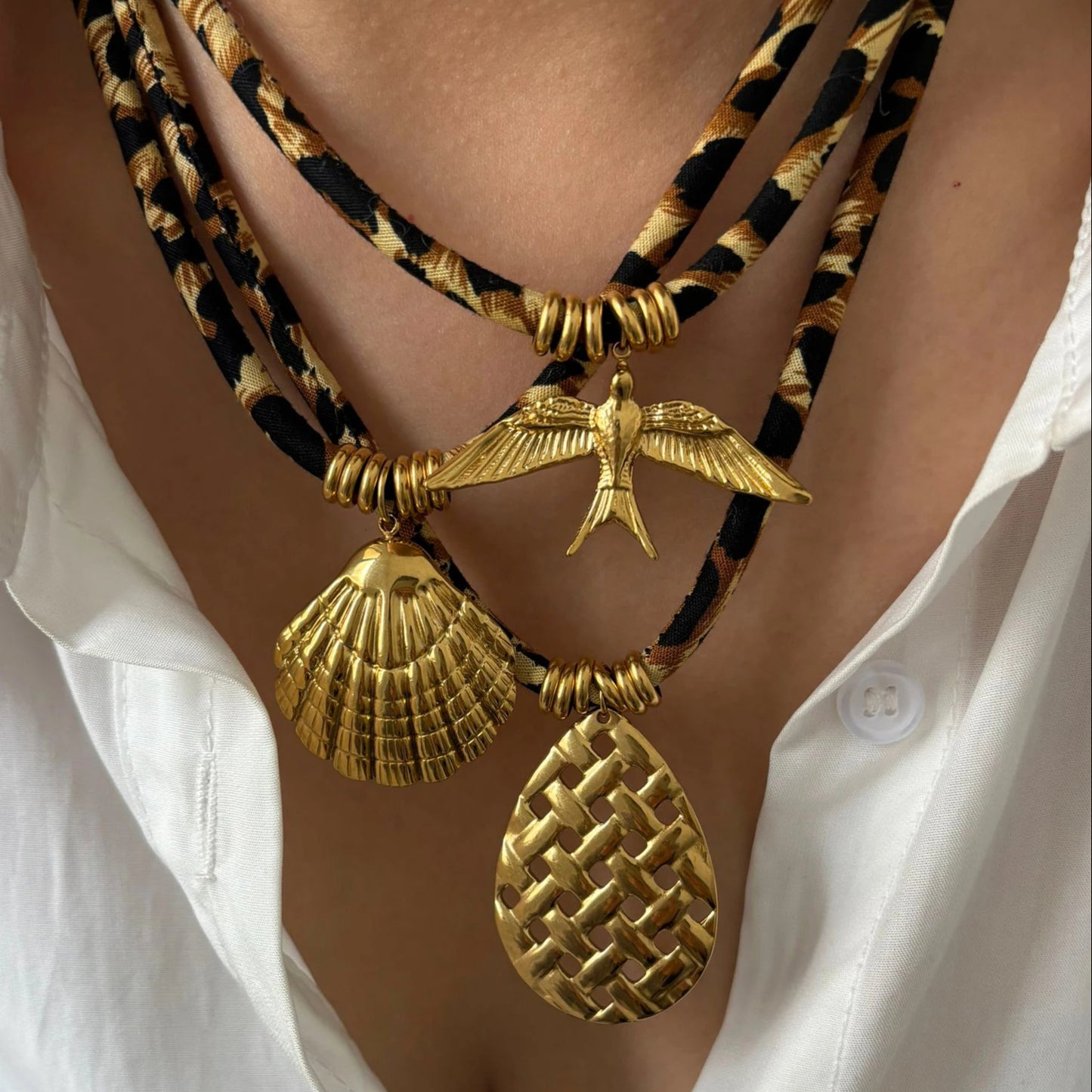Leopard Print Rope Necklace - Geometric Pendant Fashion Jewelry for Women