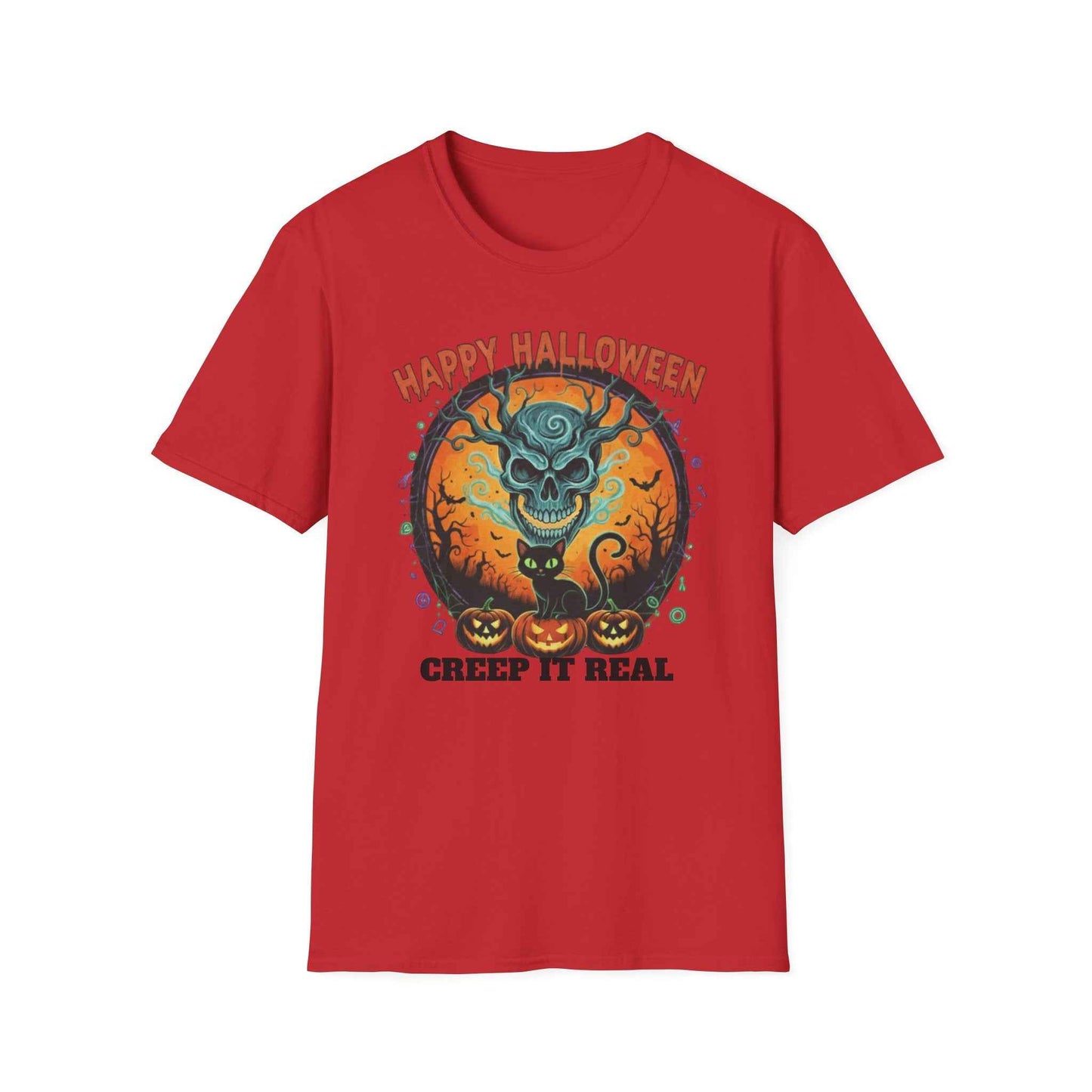 Halloween Skull T-Shirt | Black Cat & Pumpkins | Creep It Real Tee