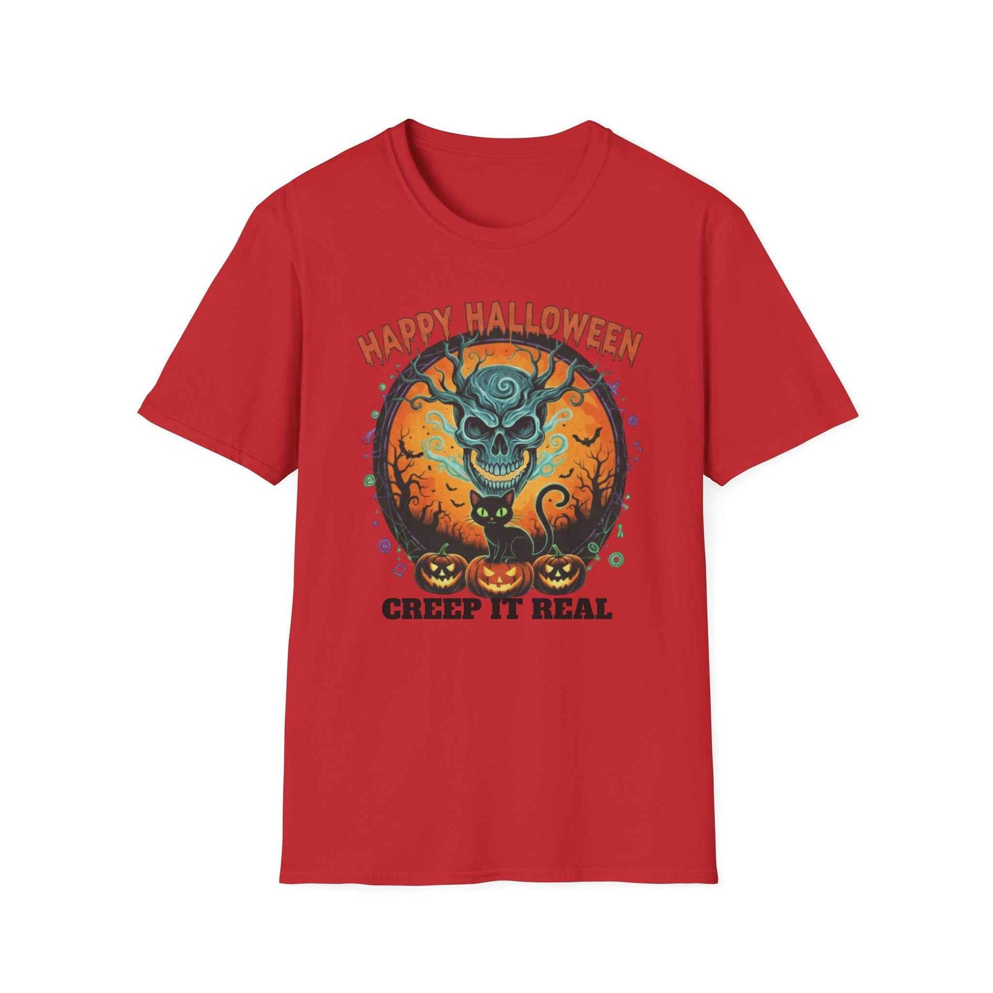 Halloween Skull T-Shirt | Black Cat & Pumpkins | Creep It Real Tee
