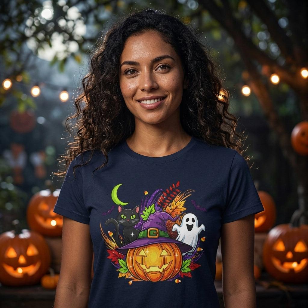 Halloween Graphic T-Shirt | Witch Hat Pumpkin Black Cat Ghost Spooky Tee