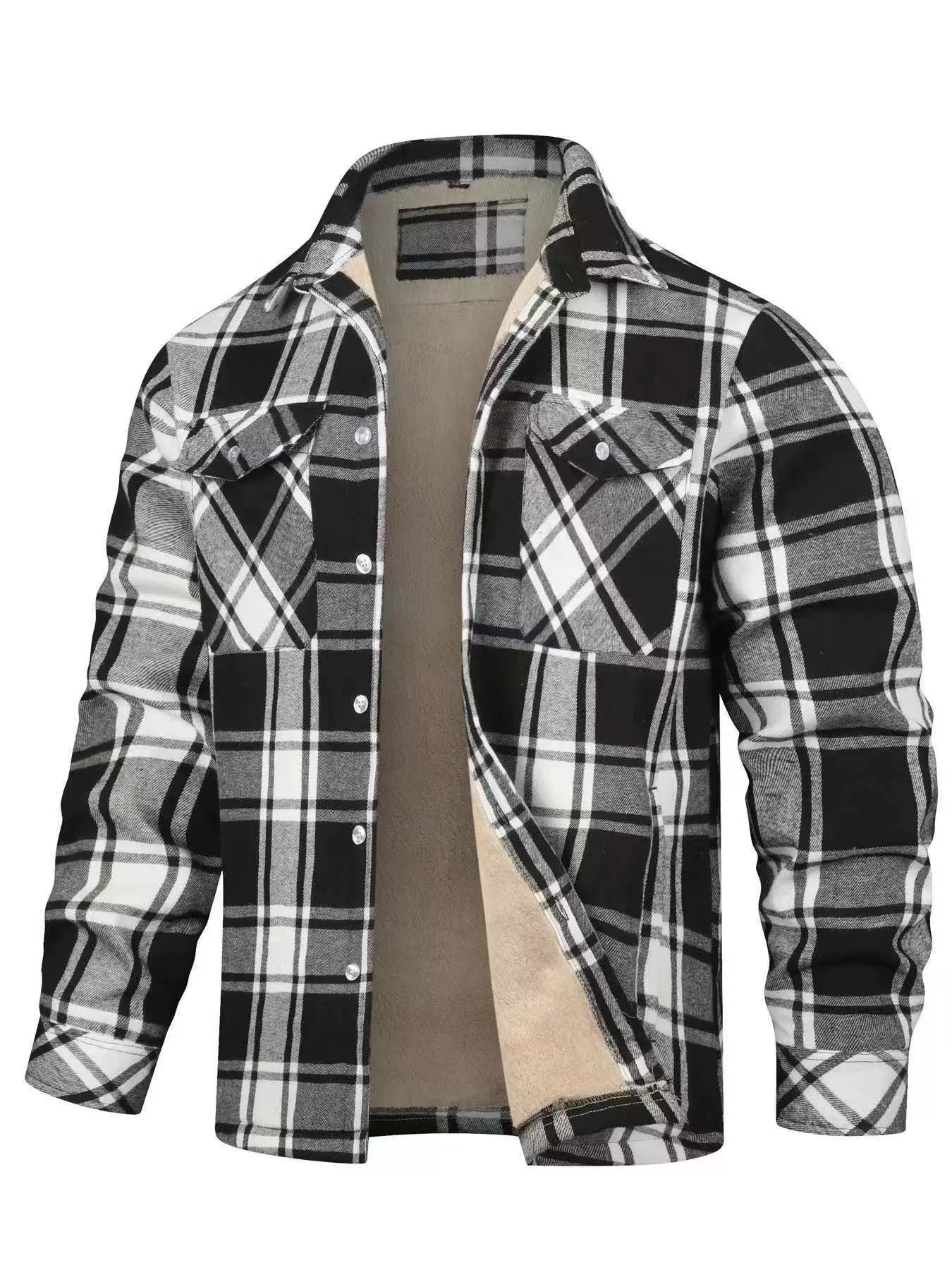 Men's Fleece-Lined Plaid Jacket - Long Sleeve Lapel Collar Winter Coat
