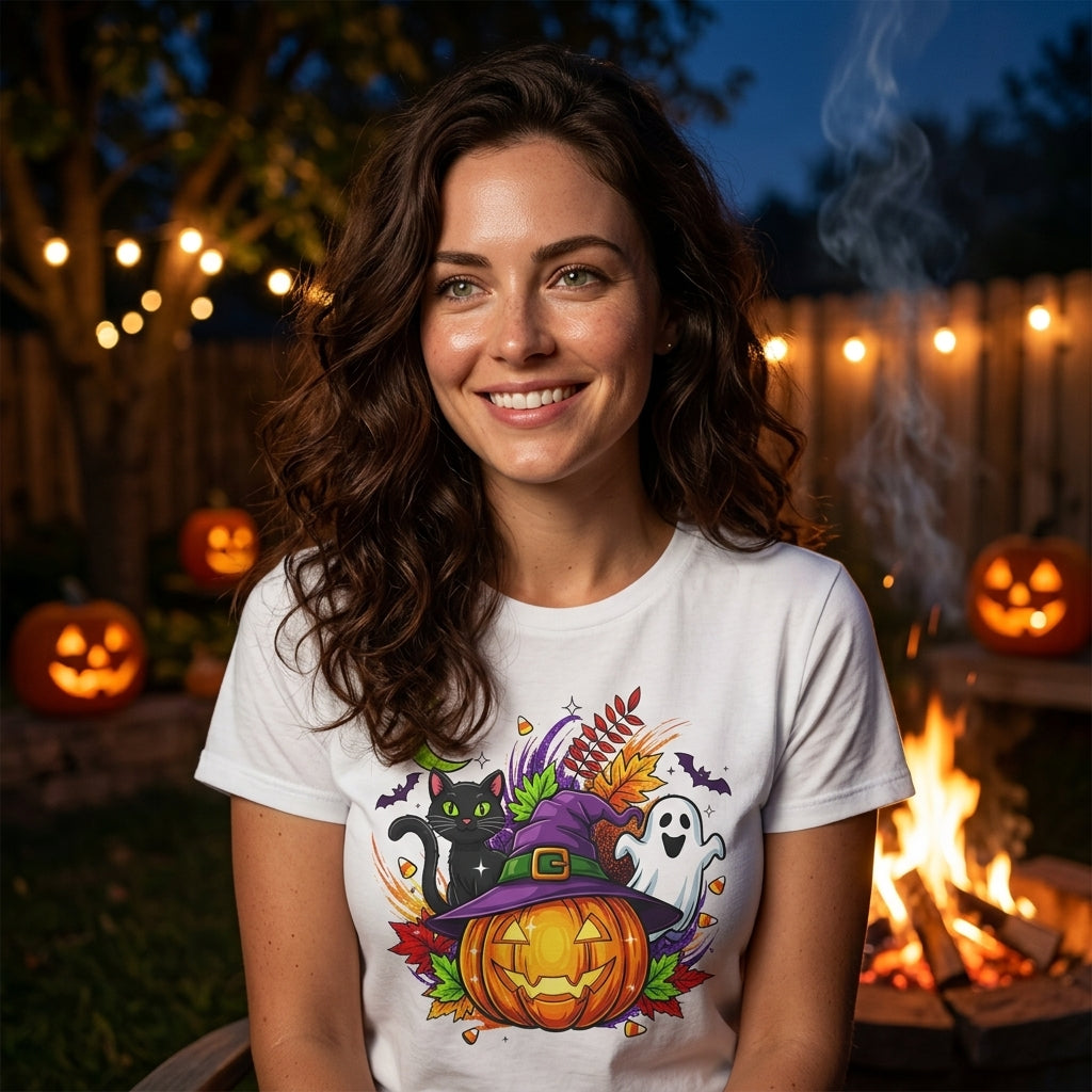 Halloween Graphic T-Shirt | Witch Hat Pumpkin Black Cat Ghost Spooky Tee