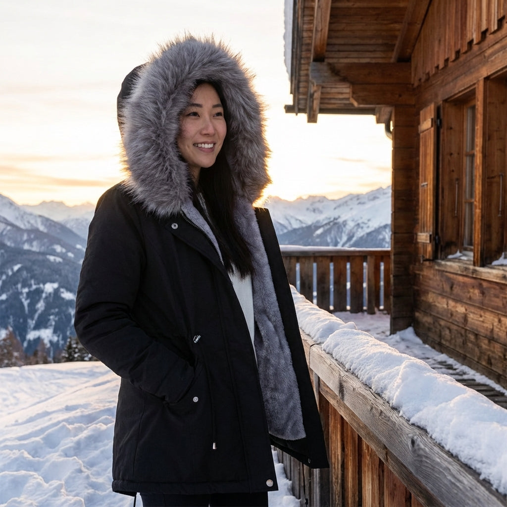 Woman in a black coat with fur hood standing on a snowy balcony with mountains in the background