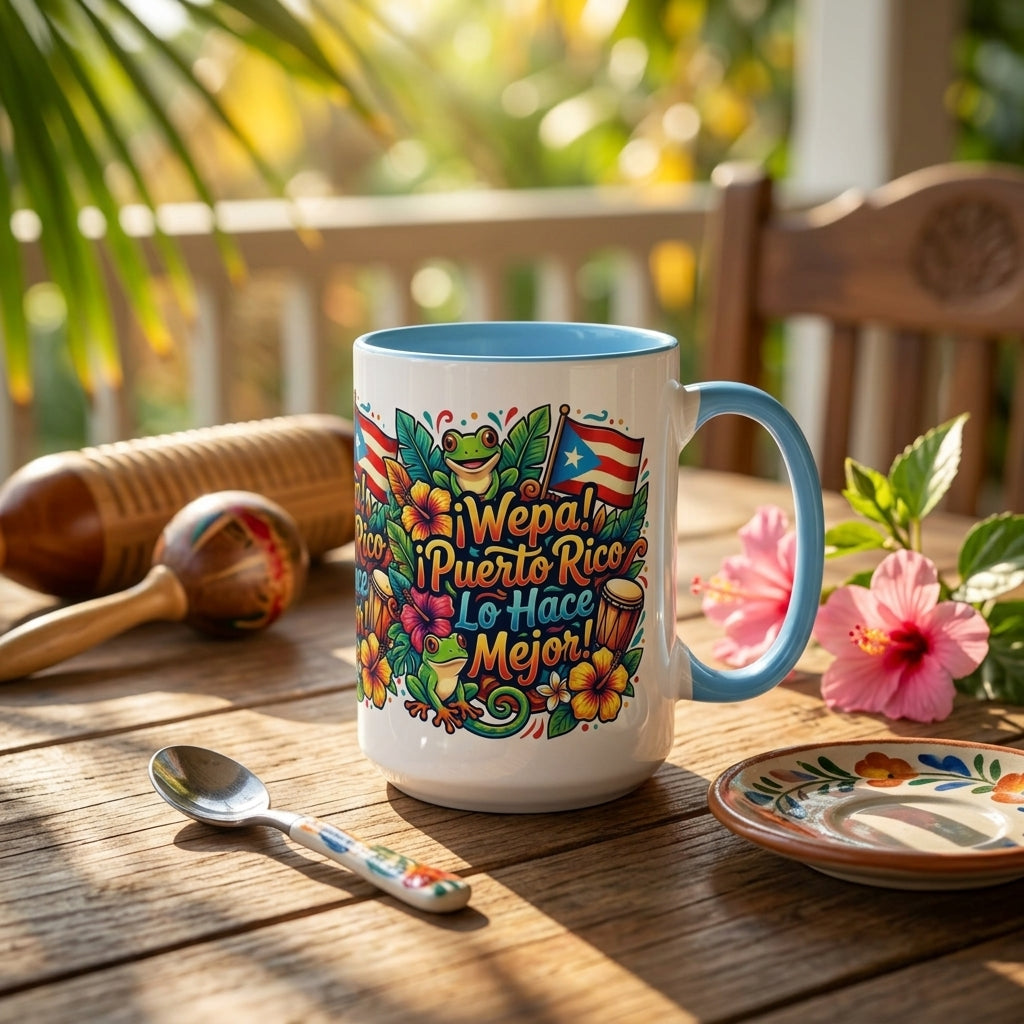 Wepa! Puerto Rico Lo Hace Mejor Accent Coffee Mug | Puerto Rican Flag, Coquí, Floral Design