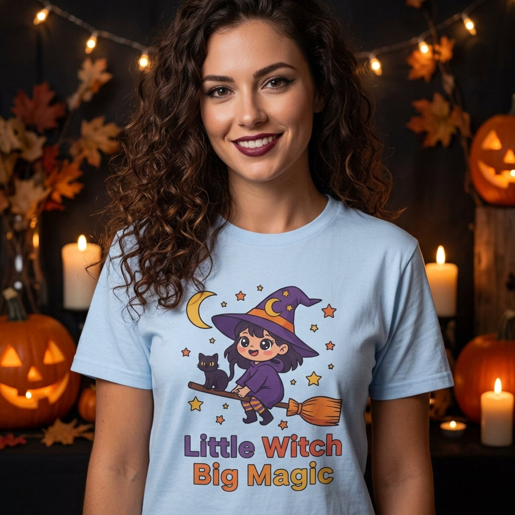Little Witch Big Magic T-Shirt | Cute Witch Cat Halloween Graphic Tee