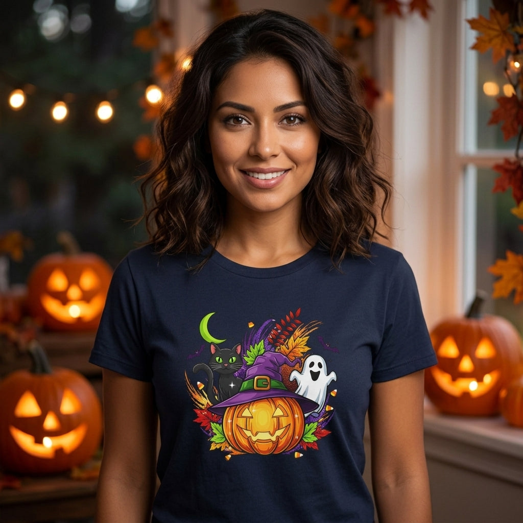 Halloween Graphic T-Shirt | Witch Hat Pumpkin Black Cat Ghost Spooky Tee