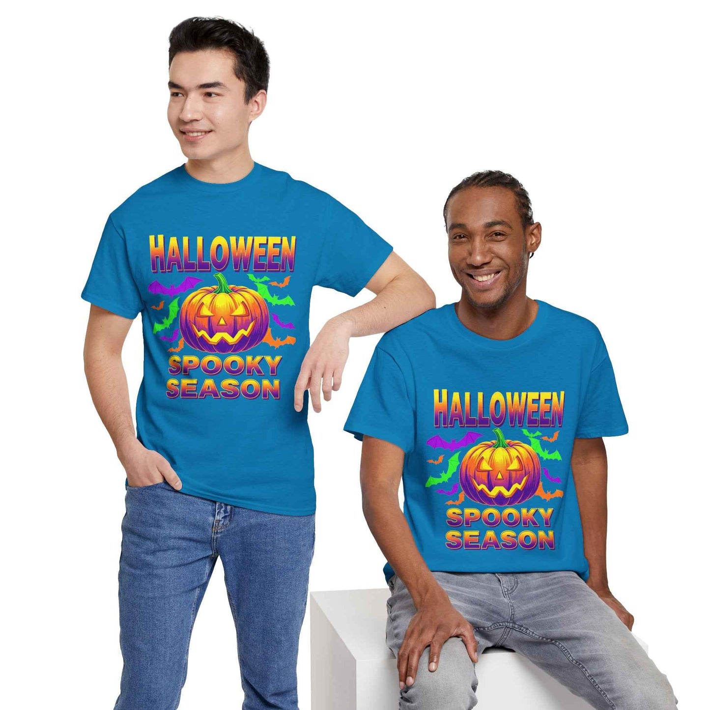 Retro Halloween T-Shirt - Neon Pumpkin & Bats 'Spooky Season' Tee - 80s/90s Style