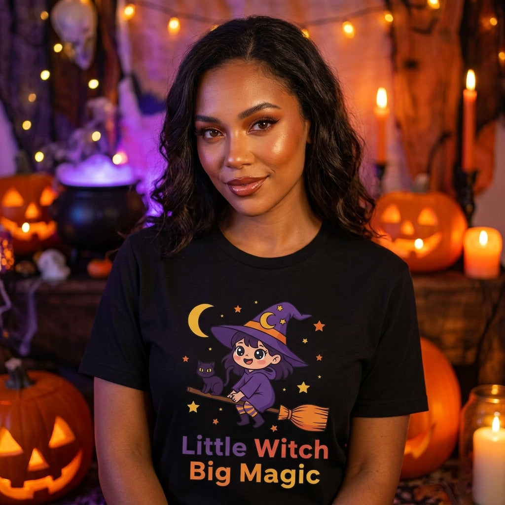 Little Witch Big Magic T-Shirt | Cute Witch Cat Halloween Graphic Tee