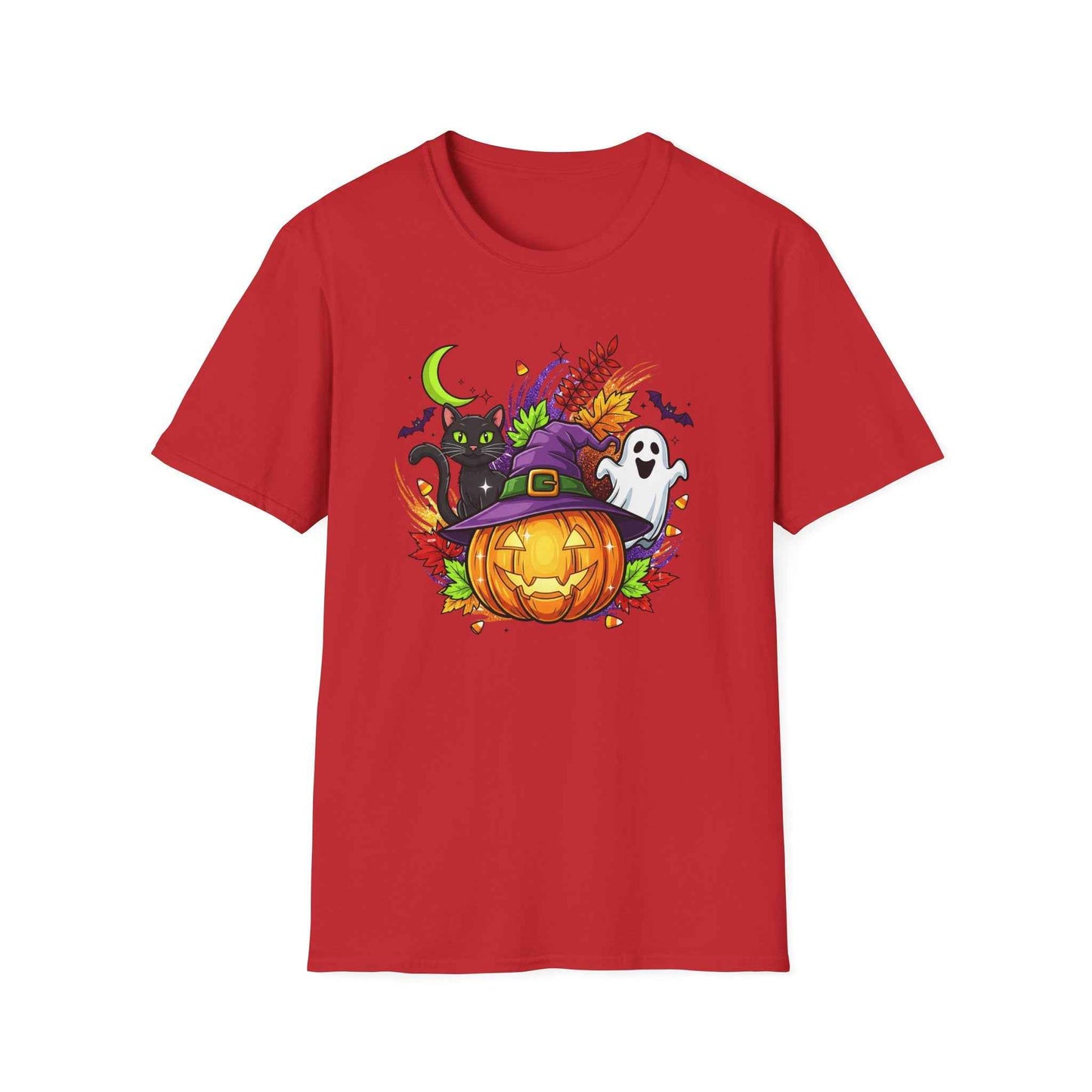 Halloween T-Shirt, Witch Hat Pumpkin, Black Cat and Ghost