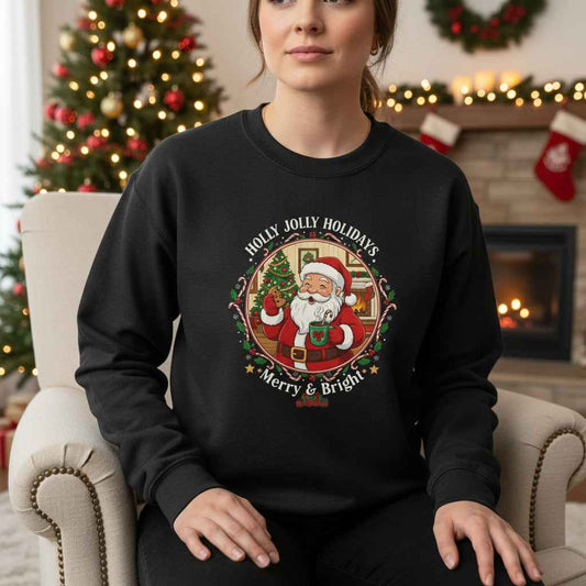 Merry & Bright Santa Crewneck Sweatshirt — Holly Jolly Holiday Christmas Sweater