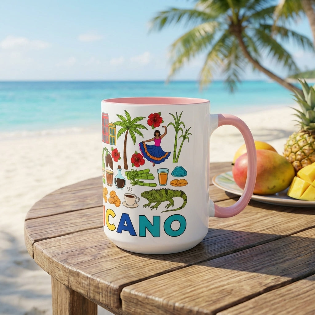 Colorful mug with tropical designs on a wooden table by the beach