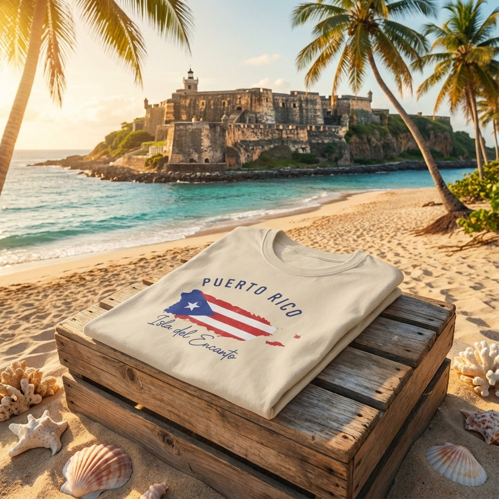 Beige sweatshirt with Puerto Rico design on a wooden crate by the beach with palm trees and ocean.