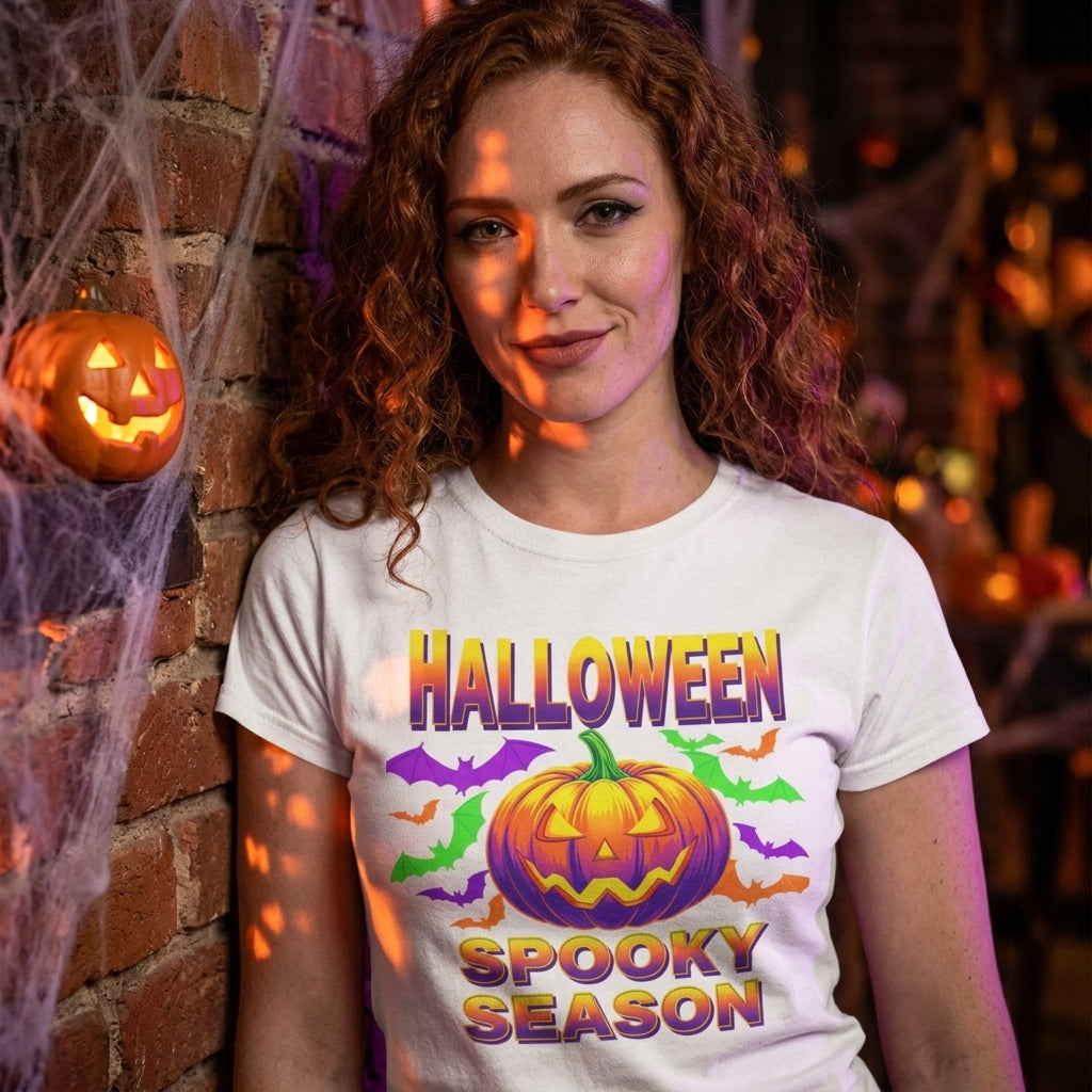 Retro Halloween T-Shirt | Neon Pumpkin & Bats 'Spooky Season' Tee | 80s/90s Style