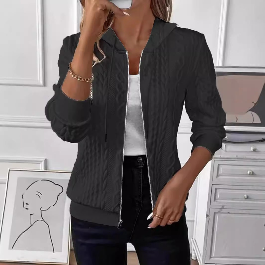 Women's Knitted Zipper Hoodie Coat - Long Sleeve Slim Fit Cardigan