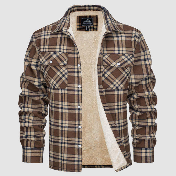 Men's Fleece-Lined Plaid Jacket - Long Sleeve Lapel Collar Winter Coat