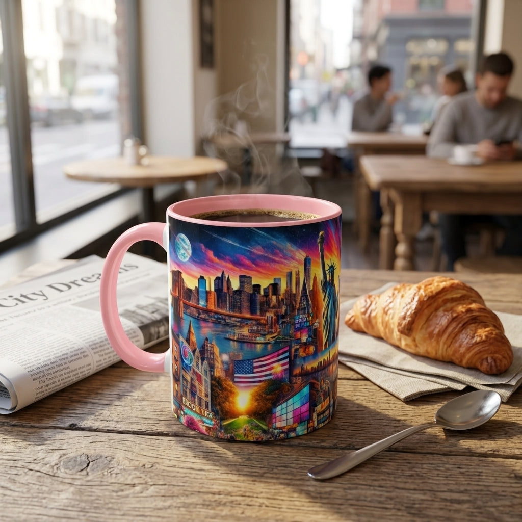 A pink-handled ceramic mug with a colorful New York City skyline print sits on a wooden table in a cafe setting, alongside a croissant, spoon, and newspaper. The background shows a softly blurred cafe interior with people seated at tables.