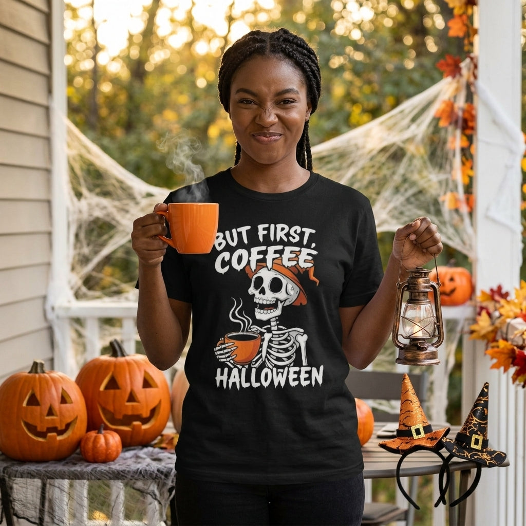 A woman stands on a decorated Halloween porch wearing a black graphic T-shirt with a skeleton and the text 'BUT FIRST COFFEE HALLOWEEN.' She holds an orange mug in one hand and a lantern in the other, with pumpkins, cobwebs, and autumn decorations in the background.