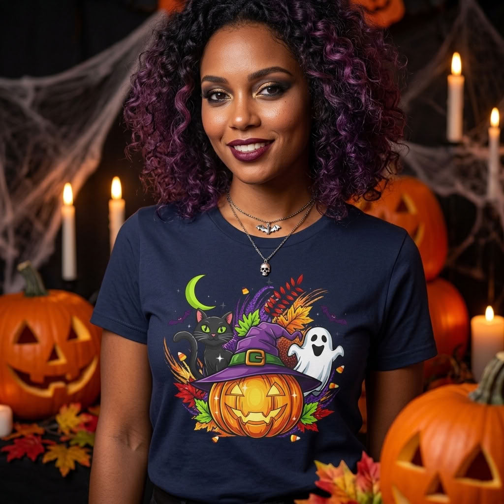 Halloween Graphic T-Shirt | Witch Hat Pumpkin Black Cat Ghost Spooky Tee
