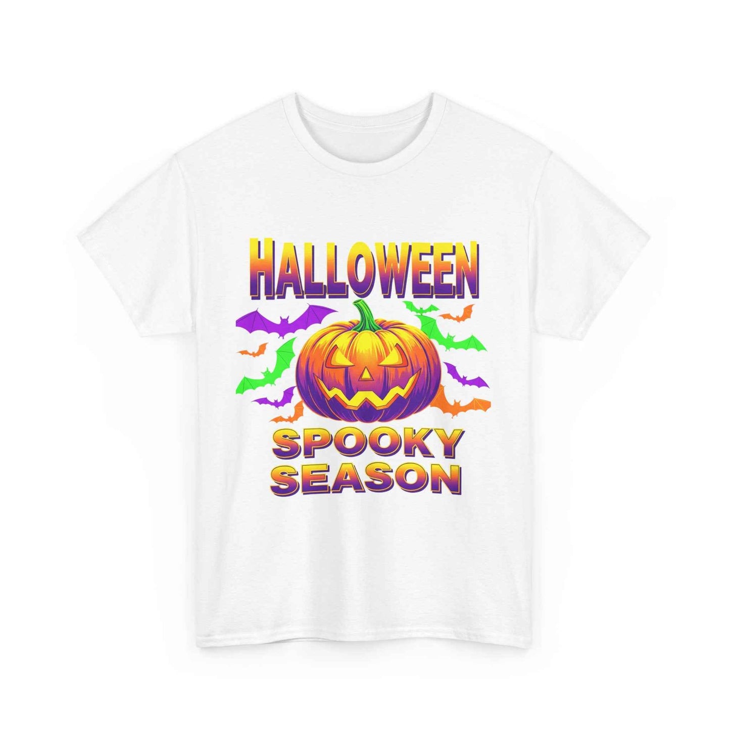 Retro Halloween T-Shirt - Neon Pumpkin & Bats 'Spooky Season' Tee - 80s/90s Style