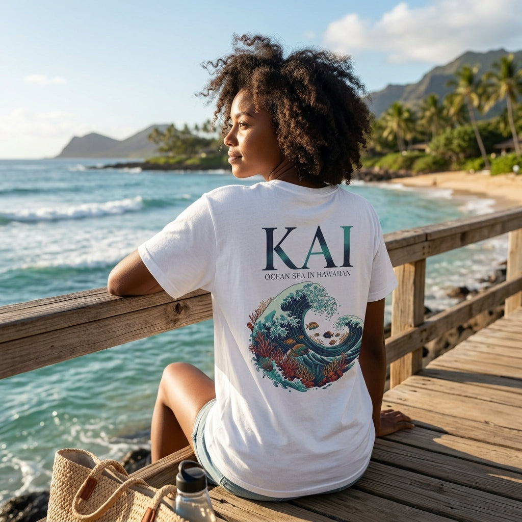 A woman sits on a wooden boardwalk by the ocean wearing a white graphic T-shirt with 'KAI OCEAN SCAN HAWAIIAN' and a wave illustration on the back, with mountains and palm trees in the background.