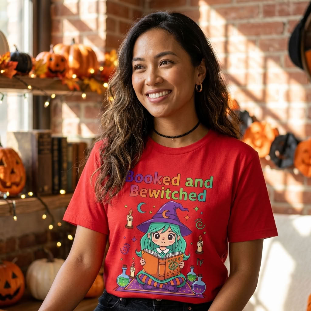 Booked and Bewitched T-Shirt | Witch Book Lover Halloween Graphic Tee