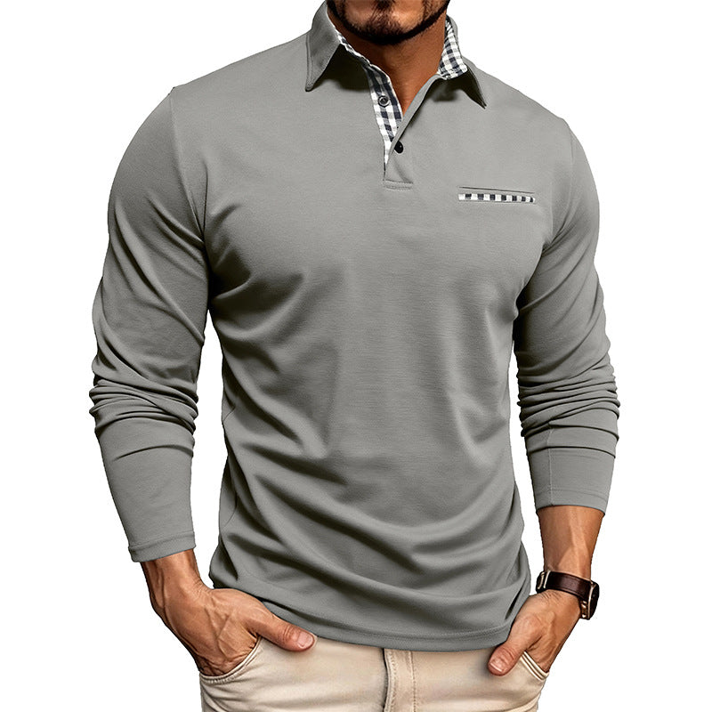 Men's Plaid Splicing Polo Shirt - Long Sleeve Lapel Collar Casual Top