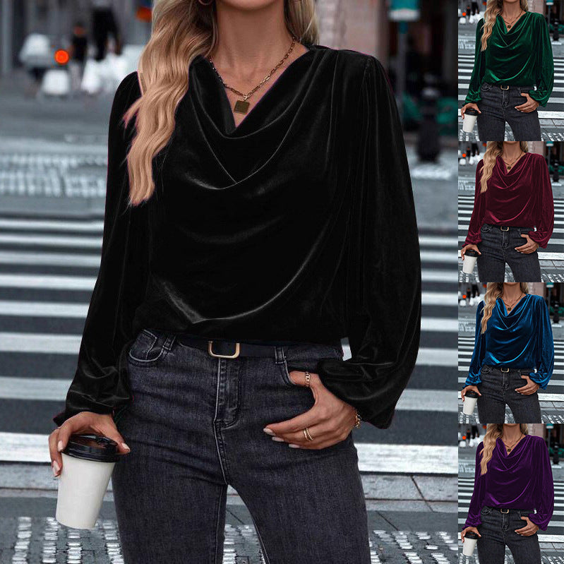 Women's Pile Collar Pullover Top - Loose Fit Long Sleeve Solid Color Shirt