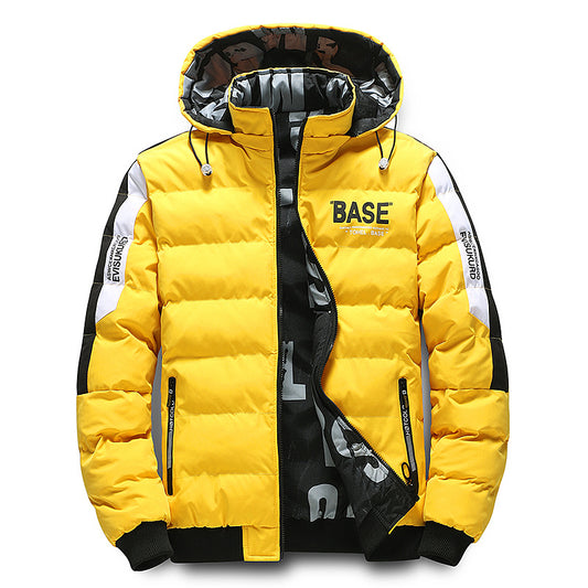 Yellow puffer jacket with black and white accents on a white background