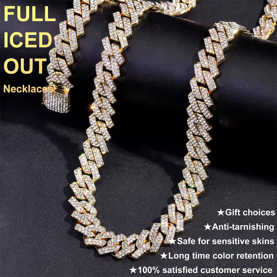 Gold and diamond necklace on a dark background with promotional text.