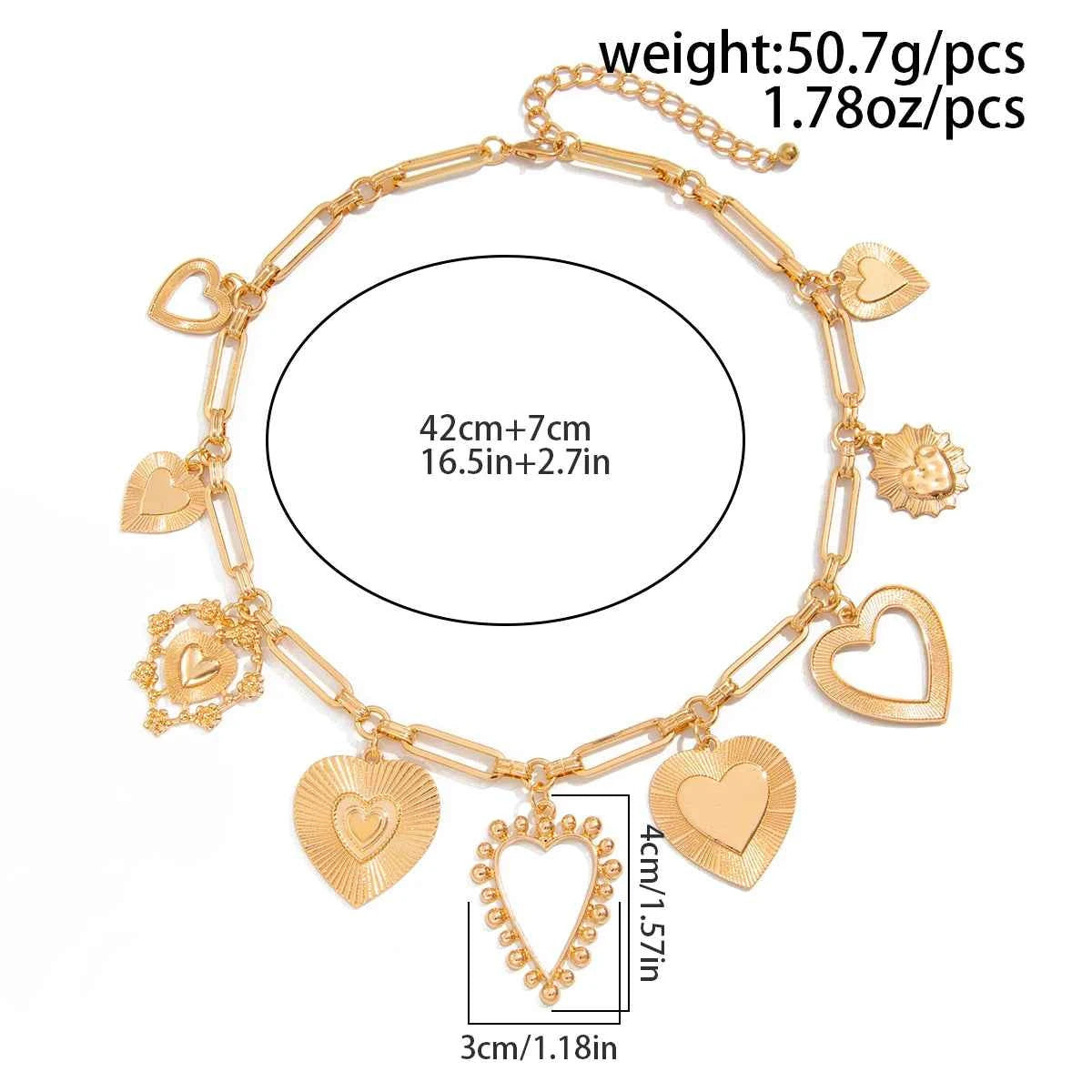 Vintage Gold Color Chunky Heart Charm Choker Necklace | Link Chain Party Jewelry Gift for Women