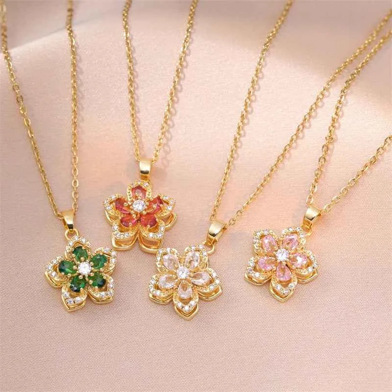 Rotatable Crystal Flower & Heart Pendant Necklace | Korean Style Stainless Steel Choker
