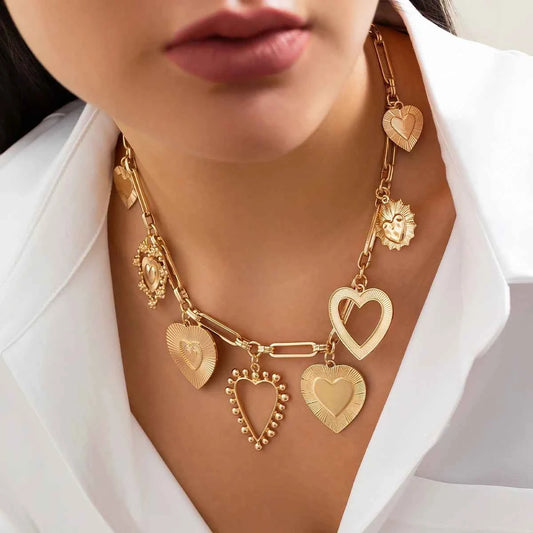 Vintage Gold Color Chunky Heart Charm Choker Necklace | Link Chain Party Jewelry Gift for Women