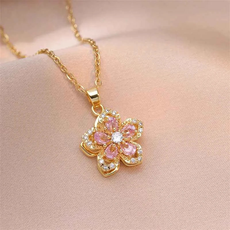 Rotatable Crystal Flower & Heart Pendant Necklace | Korean Style Stainless Steel Choker